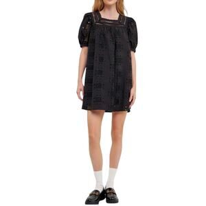 English Factory Nina Eyelet Puff Sleeve Dress - Black - Medium